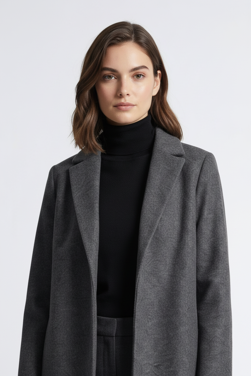 A woman modeling a long charcoal gray wool-blend coat over a black turtleneck, dark gray trousers, and black ankle boots, standing against a light gray studio background.