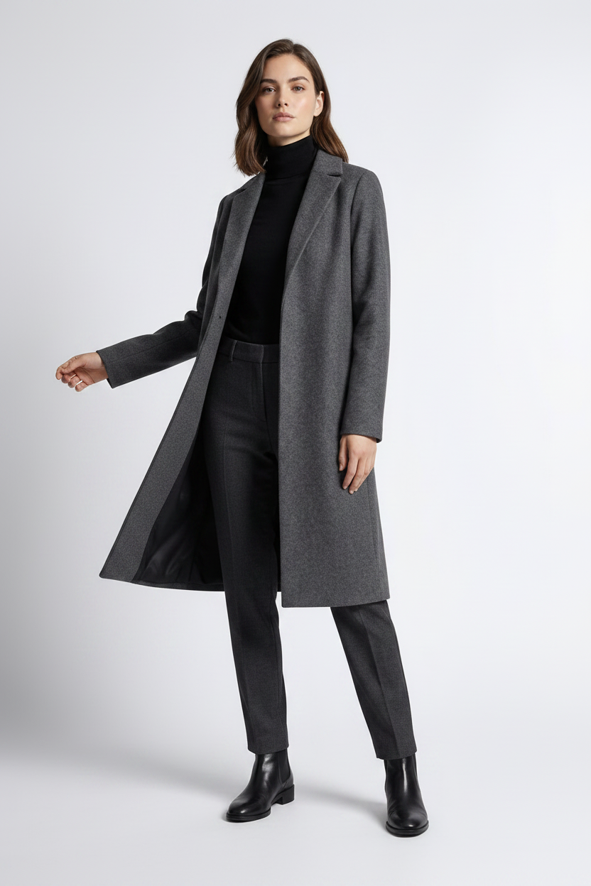 A woman modeling a long charcoal gray wool-blend coat over a black turtleneck, dark gray trousers, and black ankle boots, standing against a light gray studio background.