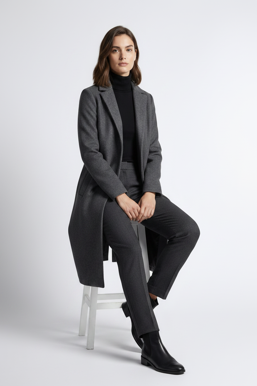 A woman modeling a long charcoal gray wool-blend coat over a black turtleneck, dark gray trousers, and black ankle boots, standing against a light gray studio background.
