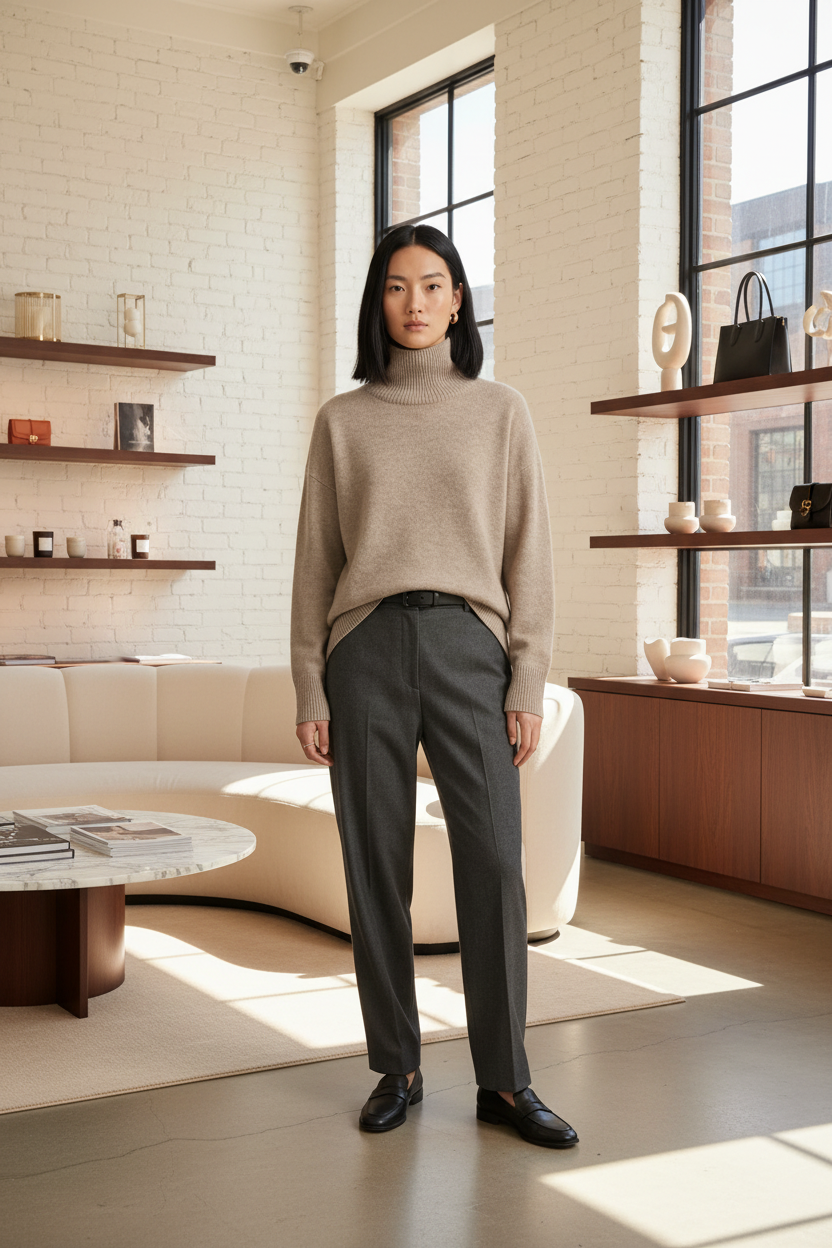 A model stands against a plain light beige studio background wearing a light taupe turtleneck sweater, dark charcoal gray trousers, and black loafers.