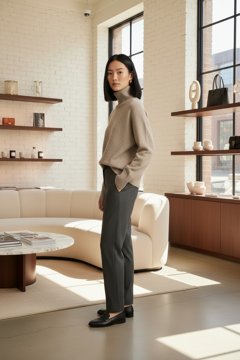 A woman stands in a bright, modern living room wearing a beige turtleneck sweater and dark gray trousers with black loafers.