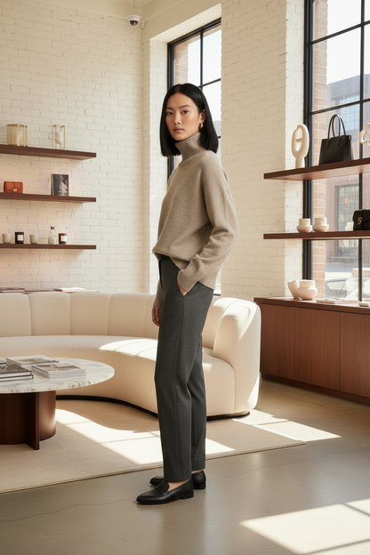 A woman stands in a bright, modern living room wearing a beige turtleneck sweater and dark gray trousers with black loafers.