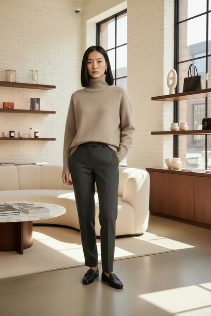 A woman stands in a bright, modern loft-style room wearing a beige turtleneck sweater, dark gray trousers, and black loafers. The room features a curved cream sofa, wooden floating shelves, and large windows with warm sunlight streaming in.