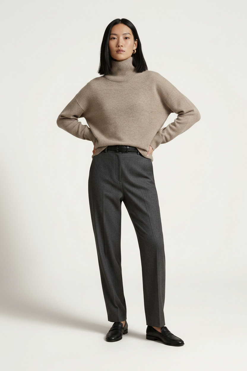 A model stands against a plain light beige studio background wearing a light taupe turtleneck sweater, dark charcoal gray trousers, and black loafers.