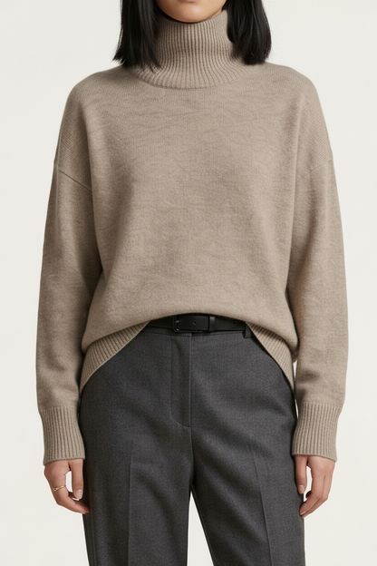 A model stands against a plain light beige studio background wearing a light taupe turtleneck sweater, dark charcoal gray trousers, and black loafers.