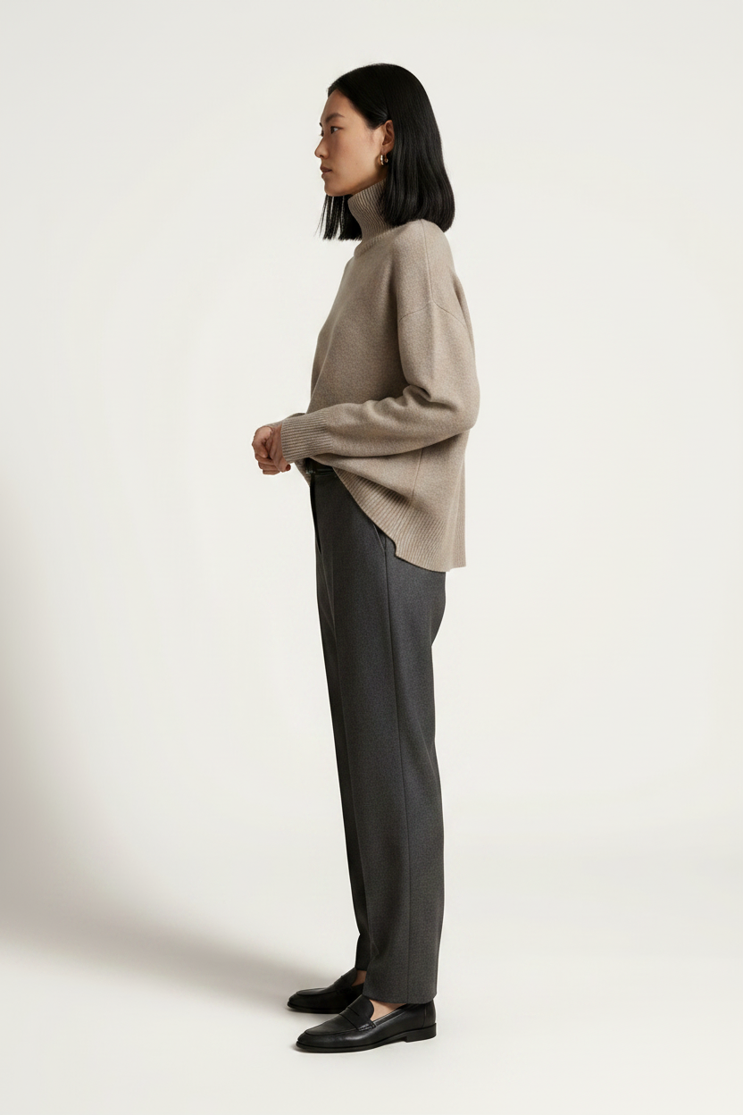 A model stands against a plain light beige studio background wearing a light taupe turtleneck sweater, dark charcoal gray trousers, and black loafers.