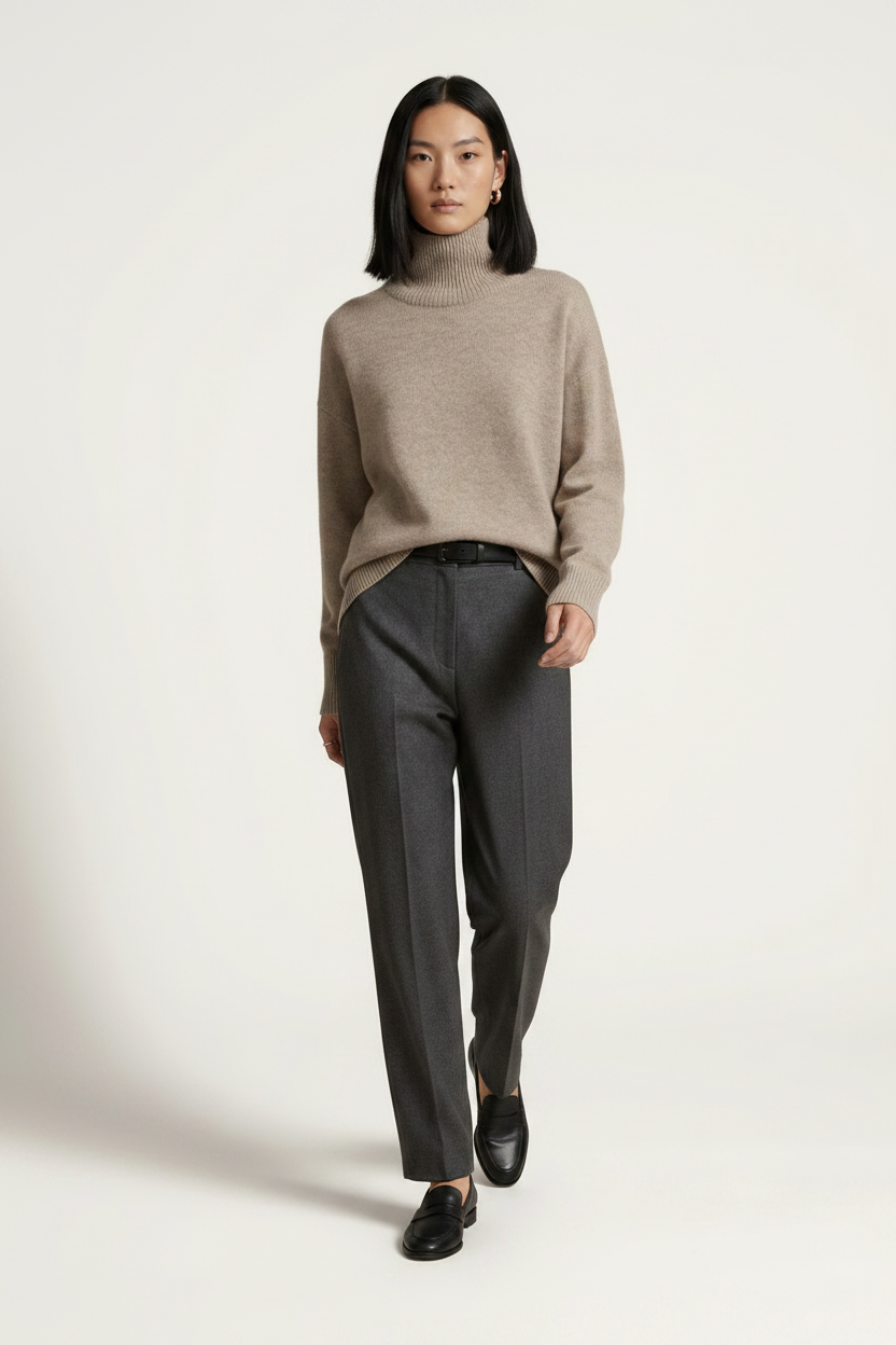 A model stands against a plain light beige studio background wearing a light taupe turtleneck sweater, dark charcoal gray trousers, and black loafers.