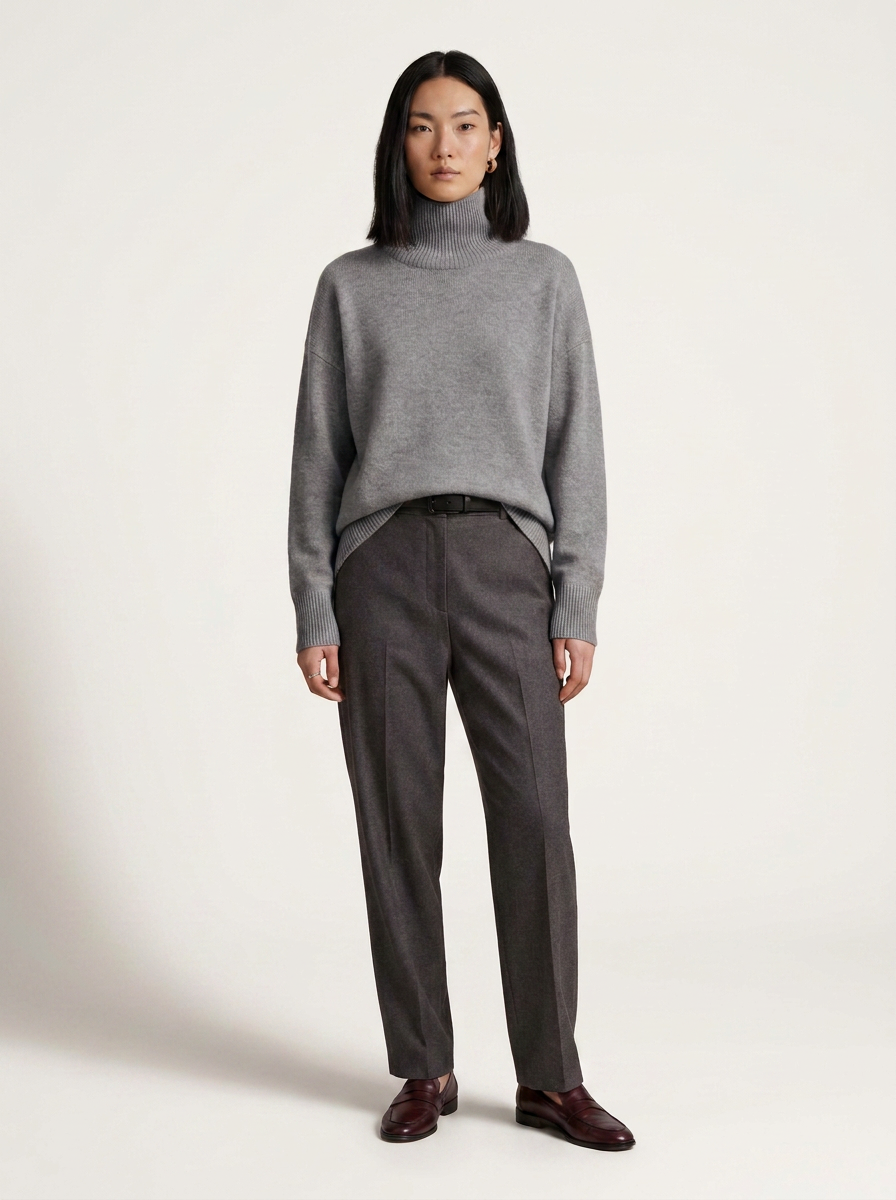 A model stands against a plain light background wearing a light gray turtleneck sweater, dark charcoal gray trousers, and dark brown leather loafers.