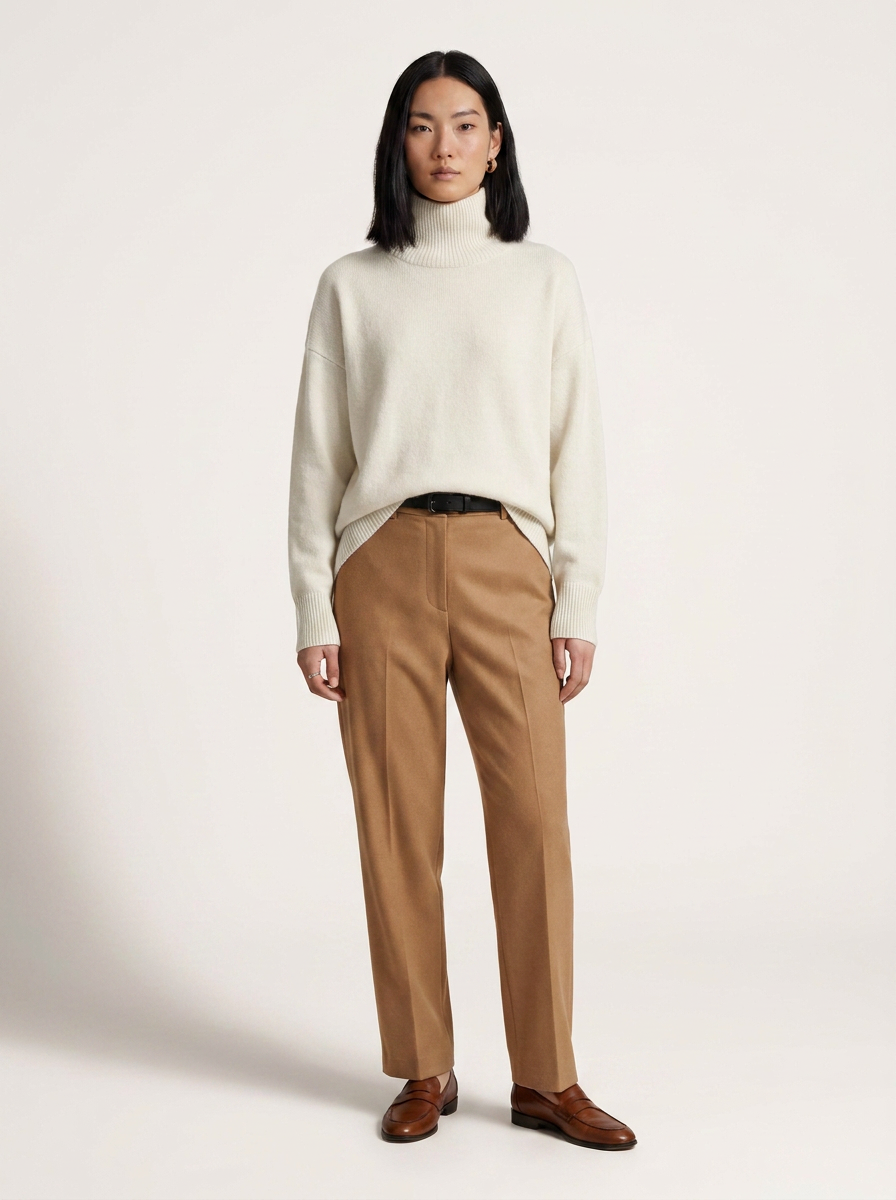 Loose Fit Cashmere Turtleneck Pullover Sweater in White, studio shot