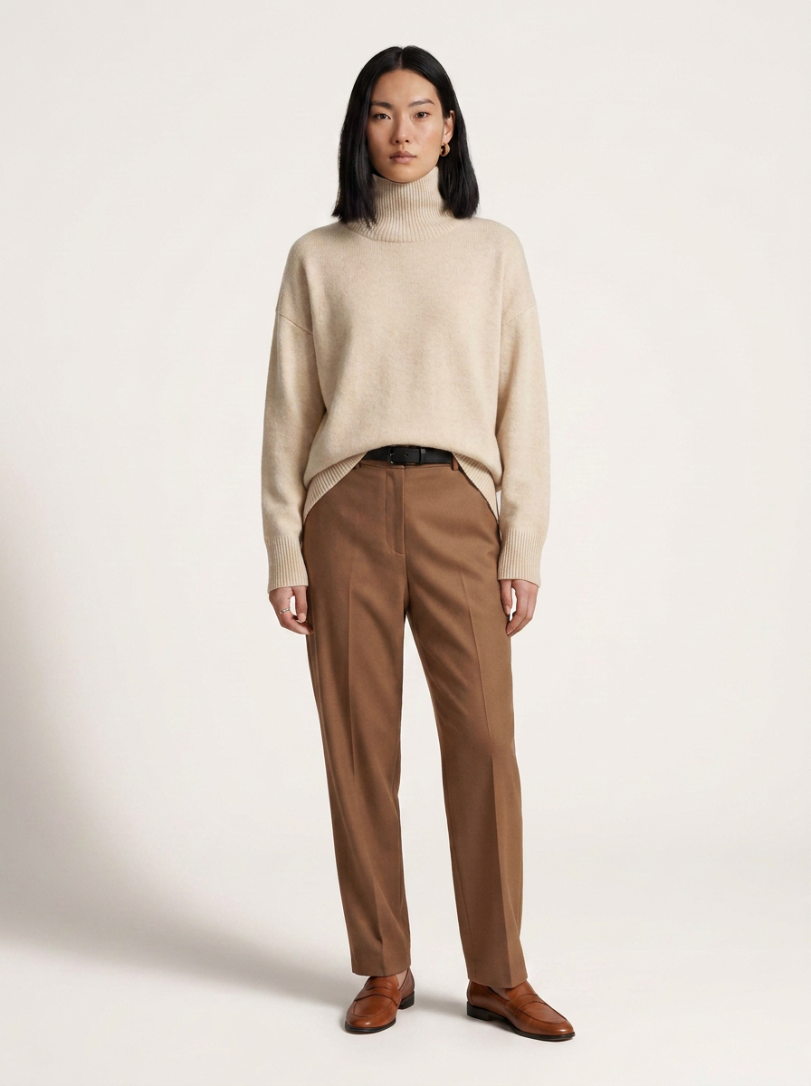 A model stands against a plain light beige studio background wearing a cream-colored turtleneck sweater, brown trousers, a black belt, and brown leather shoes.