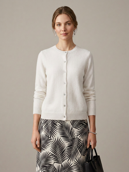 Merino Wool Crew Neck Button Cardigan in White, studio shot