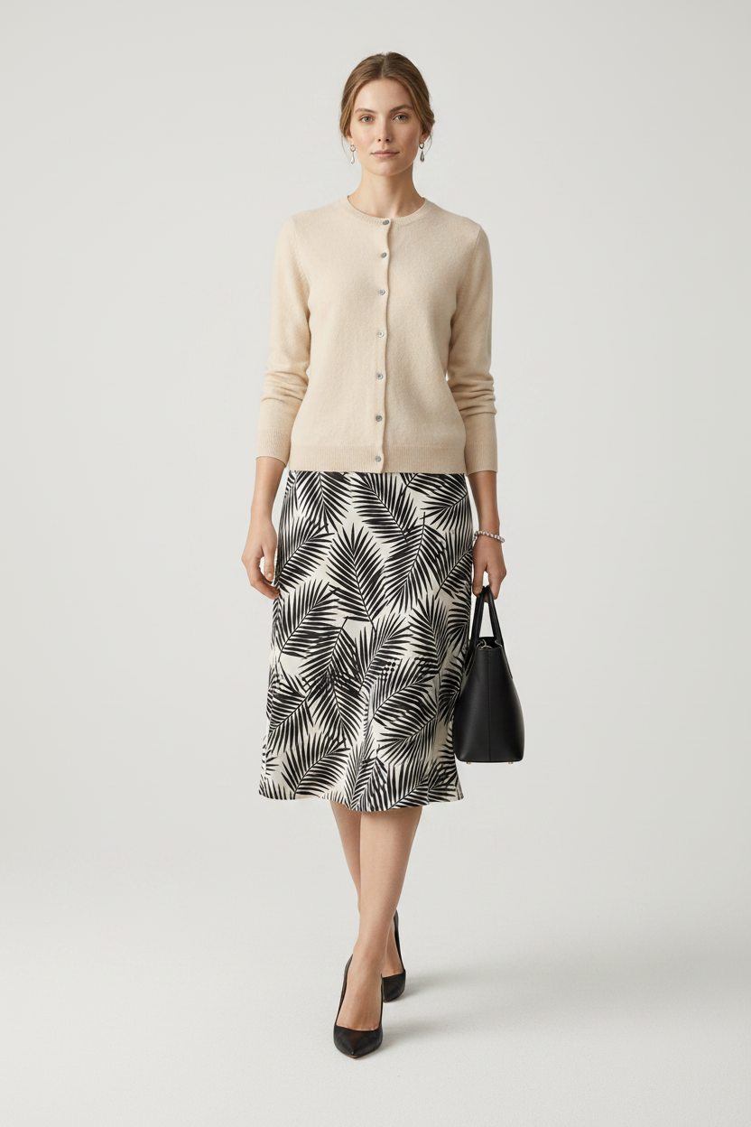 A woman modeling a light beige button-front cardigan sweater paired with a black and white palm leaf print skirt, holding a black handbag against a solid neutral studio background.