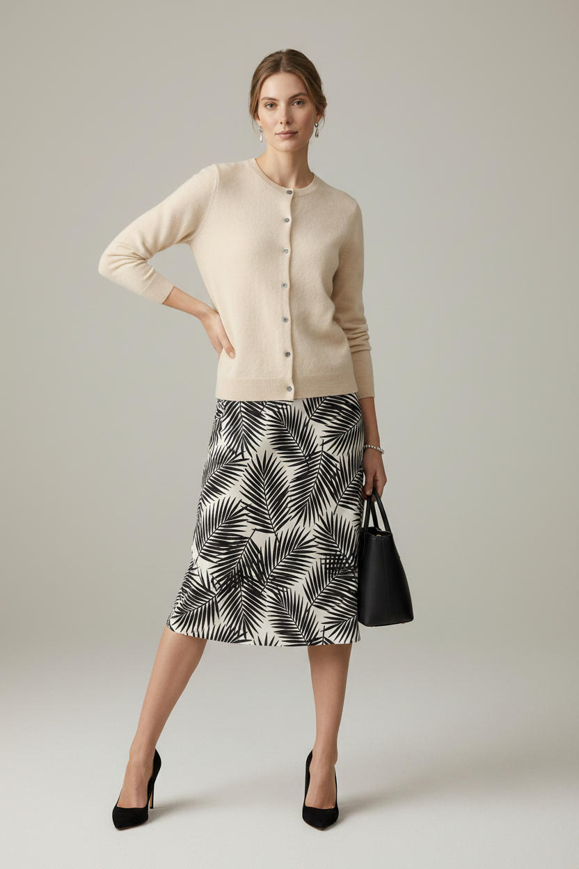 A woman modeling a light beige button-front cardigan sweater paired with a black and white palm leaf print skirt, holding a black handbag against a solid neutral studio background.