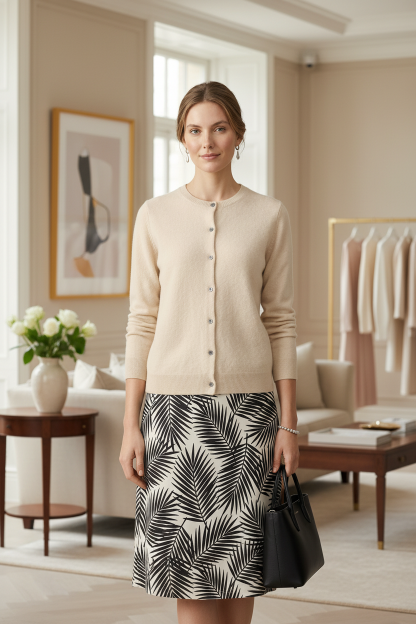 A woman modeling a light beige button-front cardigan sweater paired with a black and white palm leaf print skirt, holding a black handbag against a solid neutral studio background.
