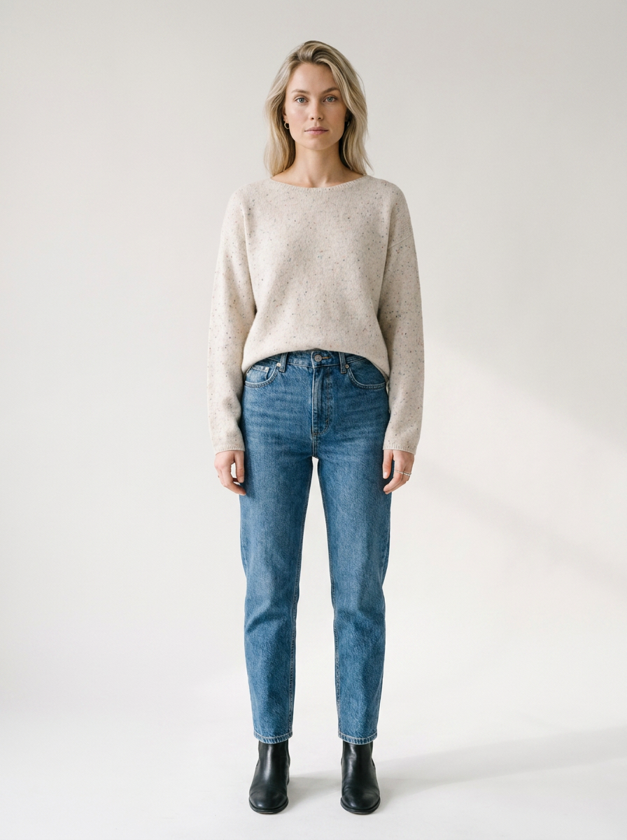 A woman stands against a plain light gray studio background wearing a light beige knit sweater, blue jeans, and black ankle boots.