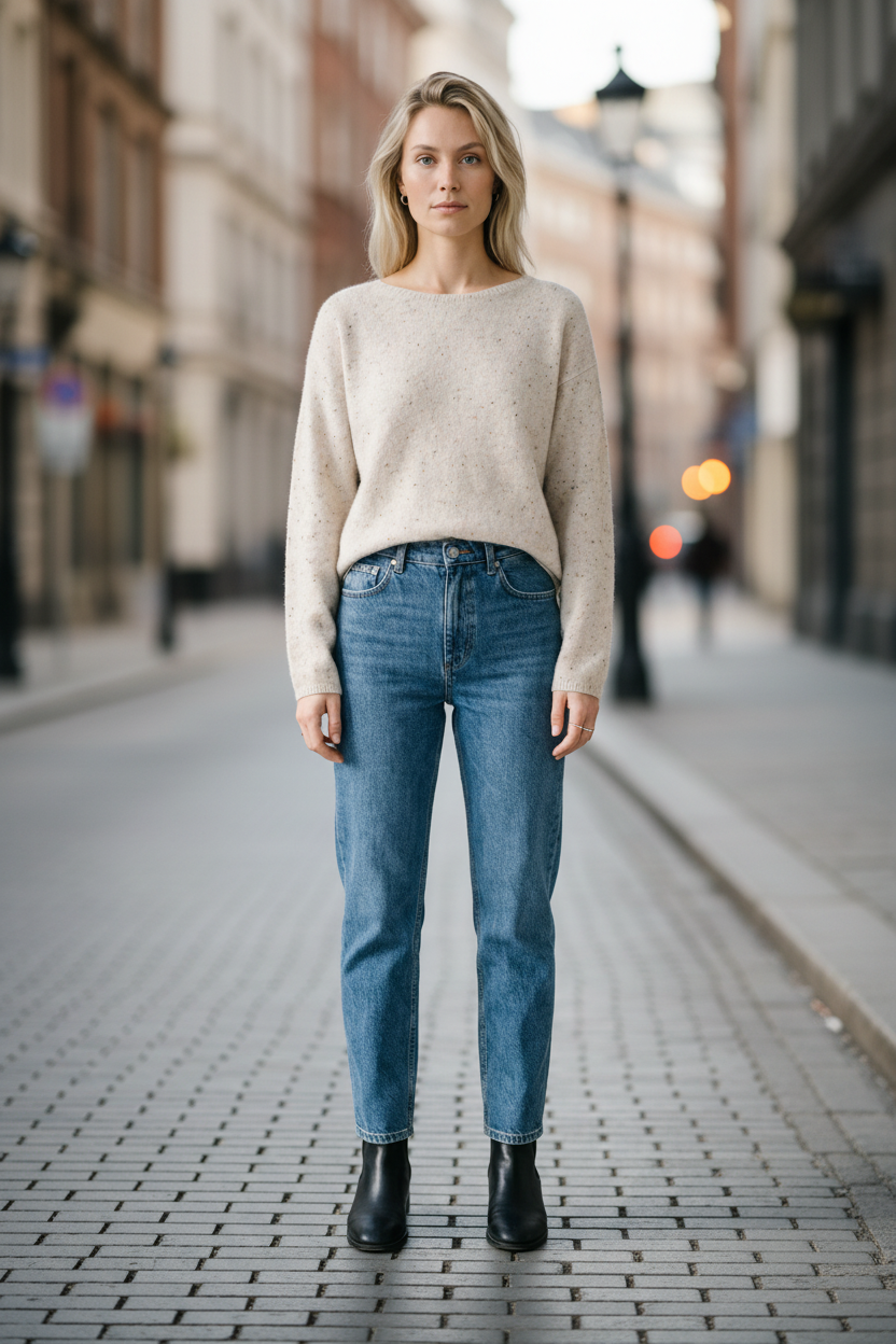 A woman stands on a city street wearing a light beige knit sweater, blue jeans, and black ankle boots.