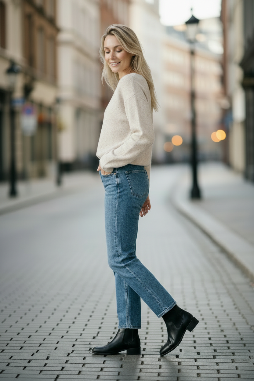 A woman stands on a cobblestone city street wearing a cream knit sweater, blue jeans, and black ankle boots, with blurred buildings and streetlights in the background.