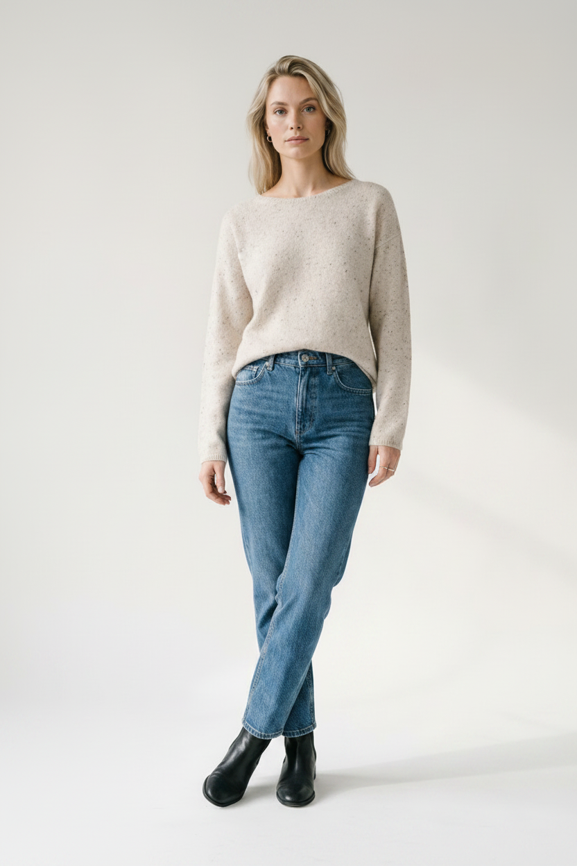 A woman stands against a plain light gray studio background wearing a light beige knit sweater, blue jeans, and black ankle boots.