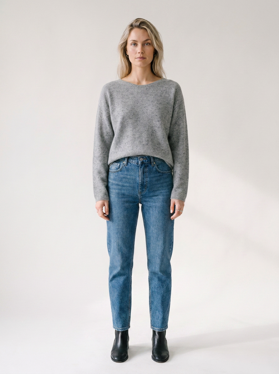 A woman stands against a plain light studio background wearing a heather gray long-sleeve sweater, blue jeans, and black ankle boots.