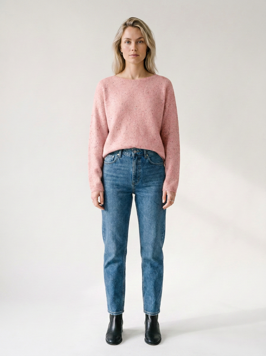 A woman stands against a plain light gray studio background wearing a fuzzy dusty pink long-sleeve sweater, blue jeans, and black ankle boots.