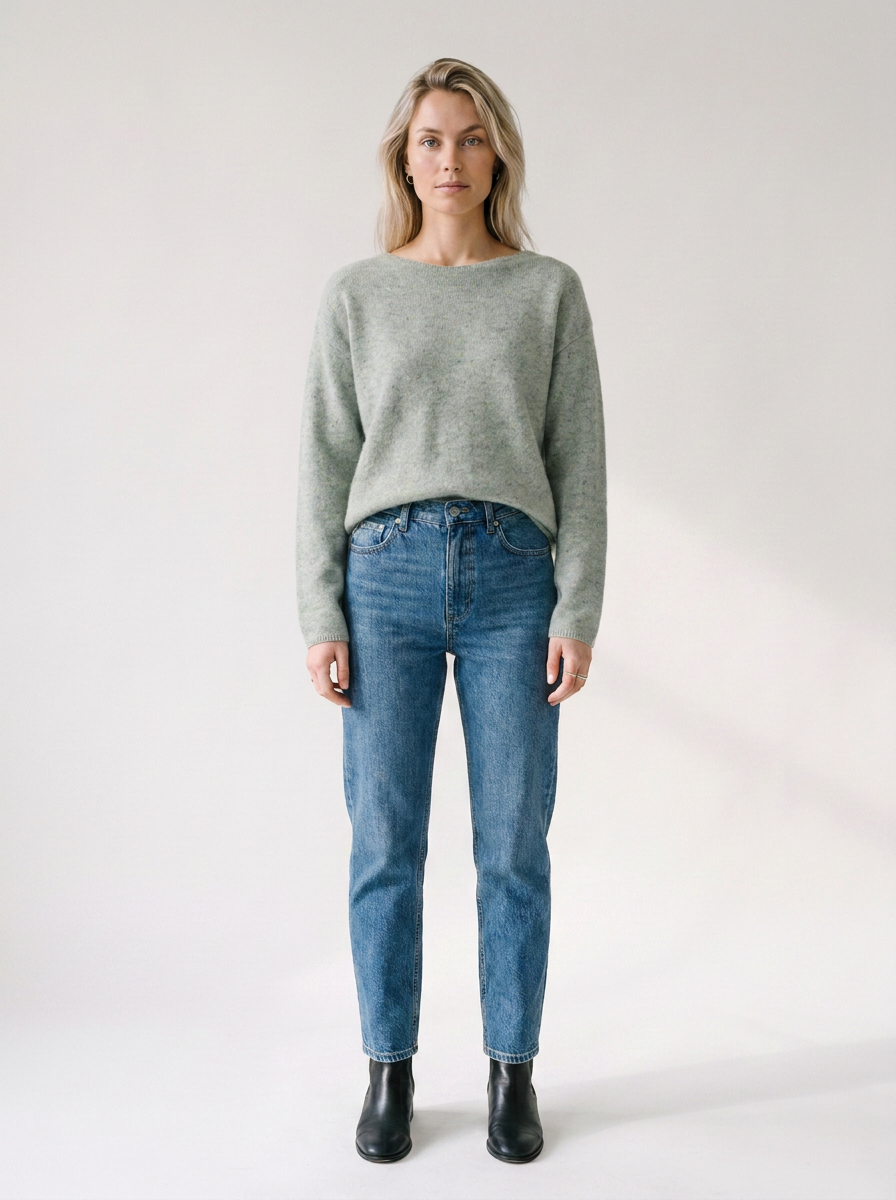 A woman stands against a plain light gray studio background wearing a light sage green knit sweater, blue jeans, and black ankle boots.
