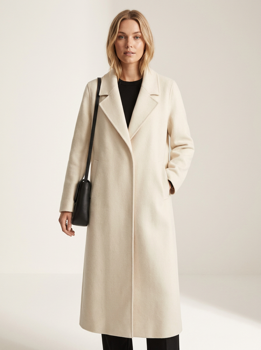Midi Wool-Blend Wrap Coat with Tie Waist and Wide Lapels in White, studio shot