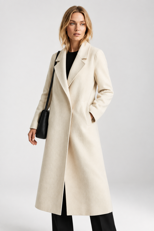 A woman modeling a long cream-colored wool coat over a black top and black trousers, carrying a black shoulder bag against a light gray studio background.