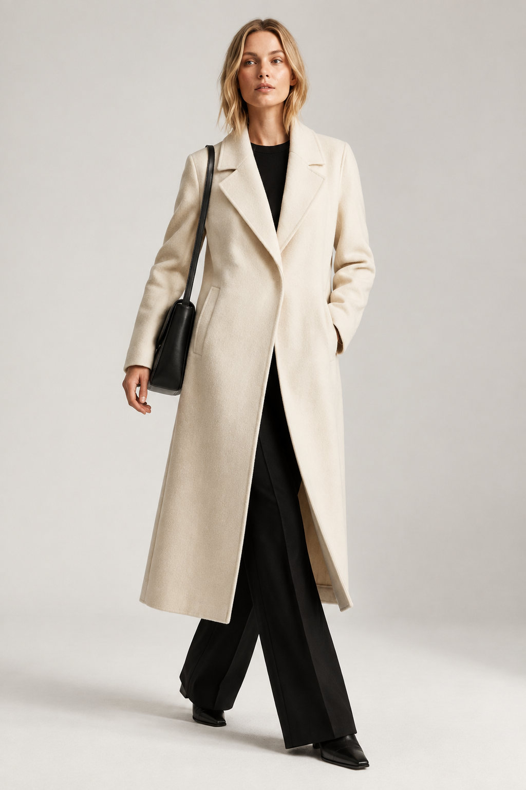 A woman models a long, double-breasted cream-colored wool coat over a black top and wide-leg black trousers, carrying a black shoulder bag against a light gray studio background.
