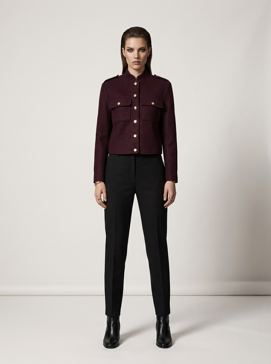 A model stands against a plain light gray studio background wearing a dark burgundy cropped jacket with gold buttons and flap chest pockets, paired with black trousers and black ankle boots.