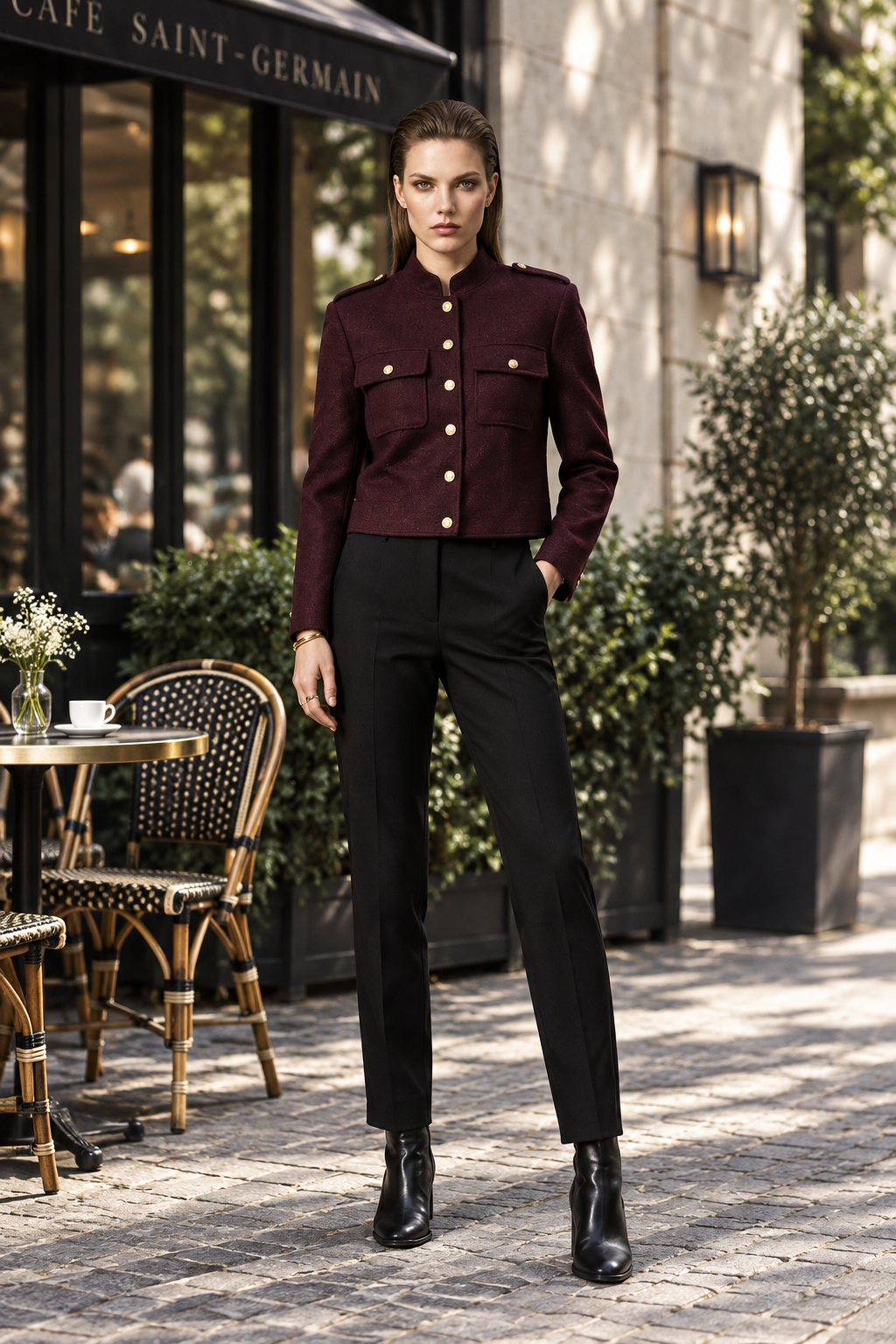 A model stands on a cobblestone street in front of a cafe, wearing a dark burgundy cropped jacket with gold buttons and black trousers.