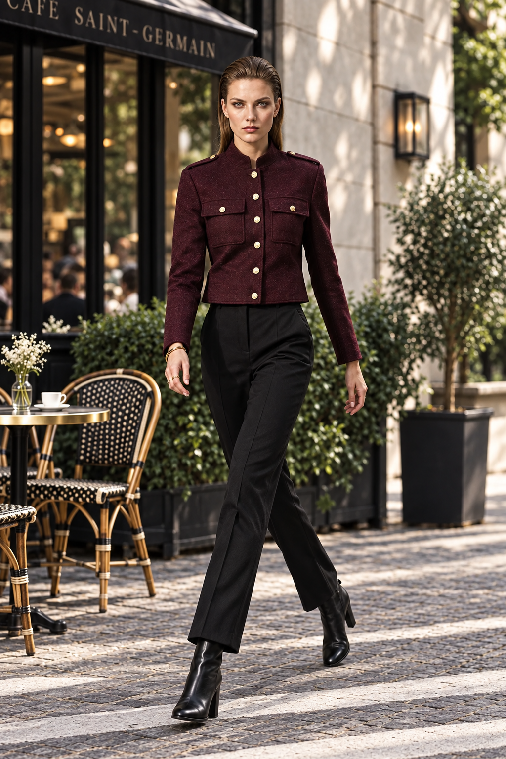A woman walks outdoors in front of a cafe storefront wearing a cropped burgundy jacket with gold buttons, black trousers, and black ankle boots.