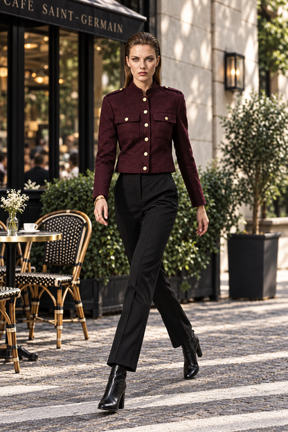 A woman walks outdoors in front of a cafe storefront wearing a cropped burgundy jacket with gold buttons, black trousers, and black ankle boots.