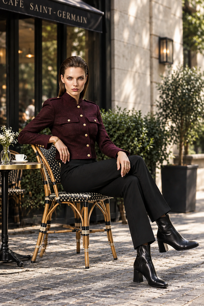 A woman sits on a bistro chair outdoors in front of a cafe storefront, wearing a dark burgundy cropped jacket with gold buttons, black trousers, and black ankle boots.