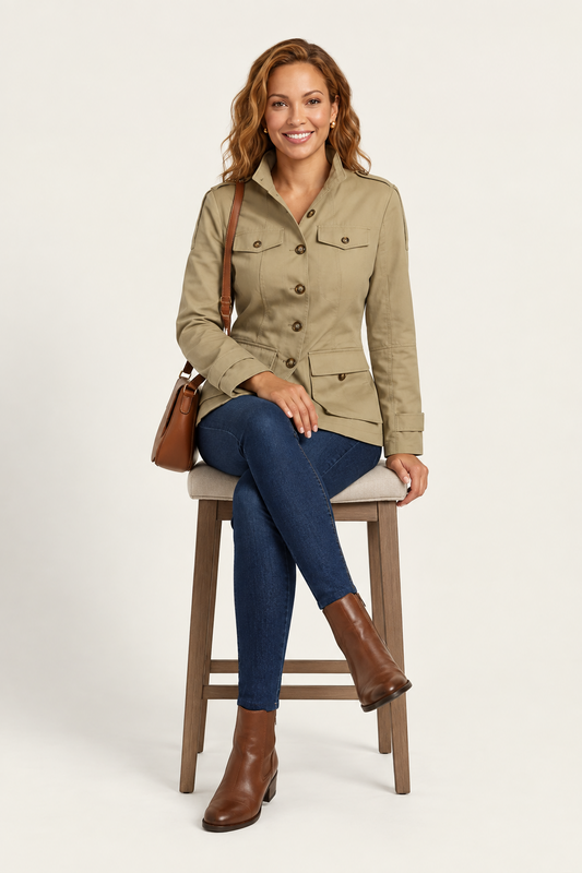 A woman modeling a beige utility jacket with dark buttons, paired with dark blue skinny jeans and brown leather ankle boots, carrying a brown shoulder bag against a light beige studio background.
