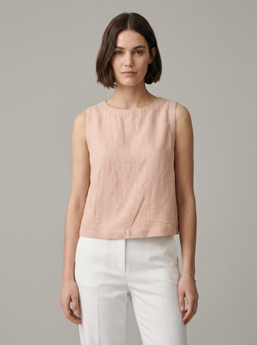 A woman modeling a sleeveless, light blush pink linen top paired with white trousers, shot against a solid gray studio background.
