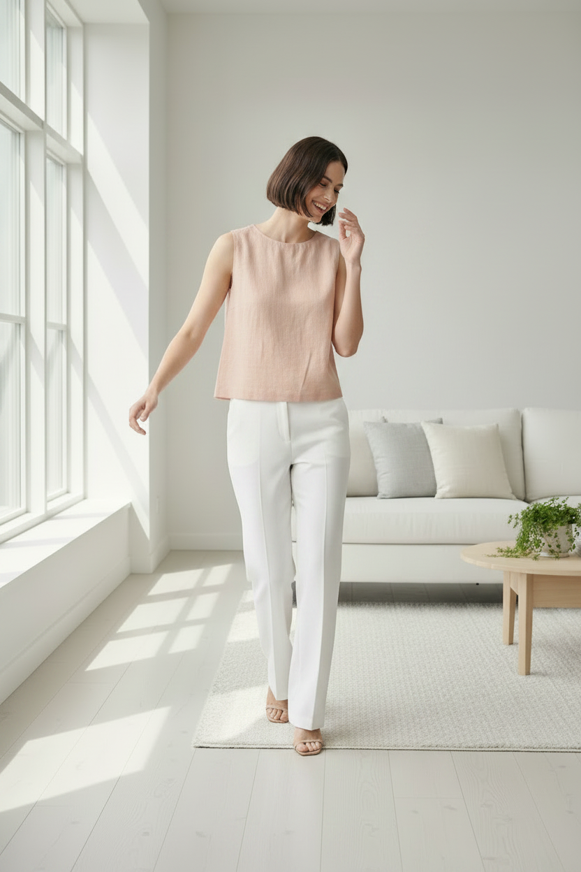 A woman stands in a bright, modern living room wearing a sleeveless blush pink top and white wide-leg trousers with beige high-heeled sandals.