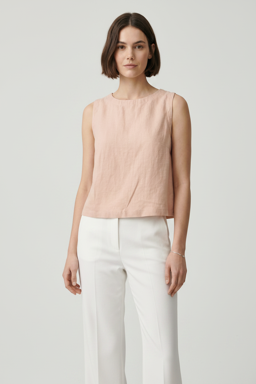 A woman modeling a sleeveless, light blush pink linen top paired with white trousers, shot against a solid gray studio background.