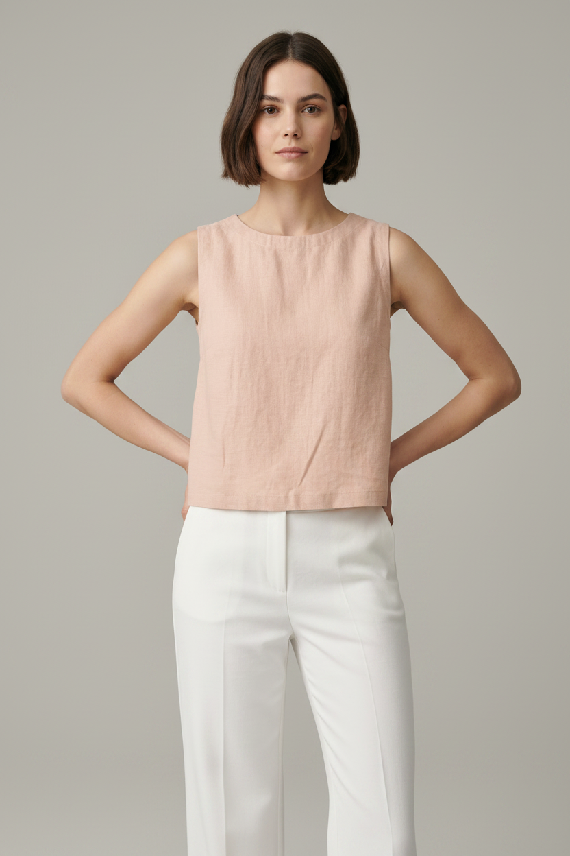 A woman modeling a sleeveless, light blush pink linen top paired with white trousers, shot against a solid gray studio background.