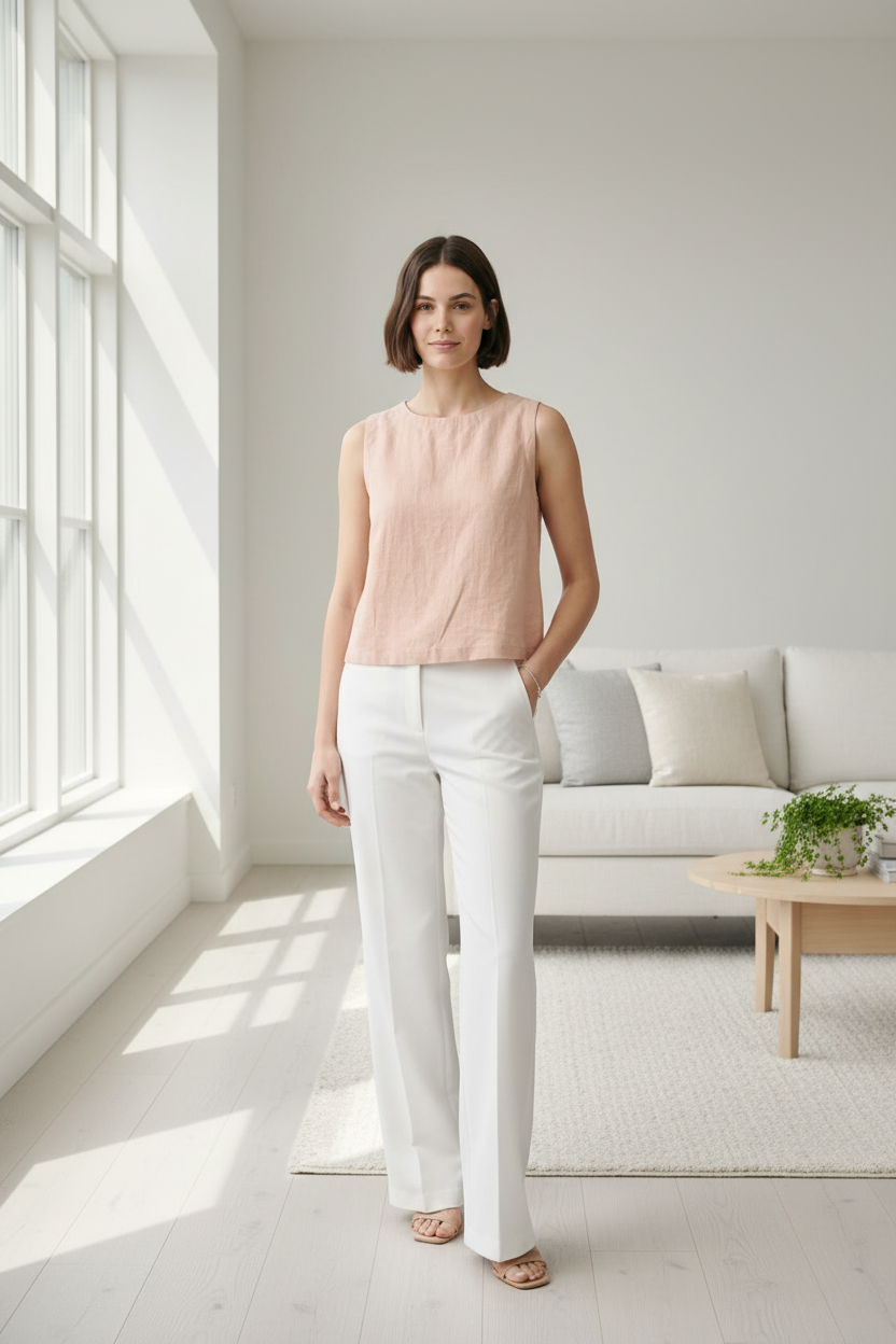 A woman modeling a sleeveless, light blush pink linen top paired with white trousers, shot against a solid gray studio background.