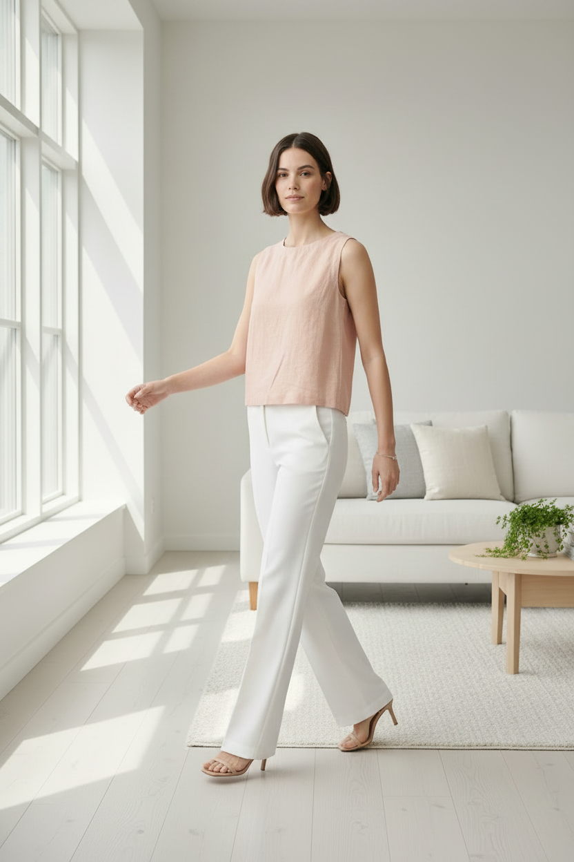 A woman stands in a bright, modern living room wearing a sleeveless blush pink top and white wide-leg trousers. The room features a white sofa, a light wood coffee table, and a large window on the left casting soft sunlight across the floor.