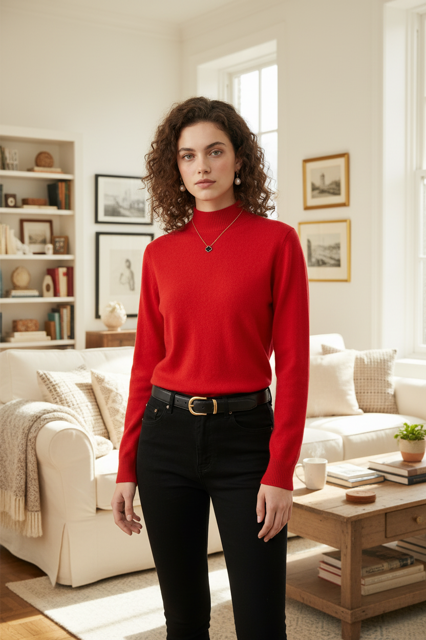 A woman with curly brown hair wearing a bright red mock-neck knit sweater, black jeans, and a black leather belt with a gold buckle, standing against a plain off-white background.