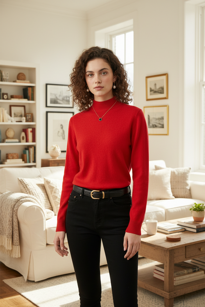 A woman with curly brown hair wearing a bright red mock-neck knit sweater, black jeans, and a black leather belt with a gold buckle, standing against a plain off-white background.