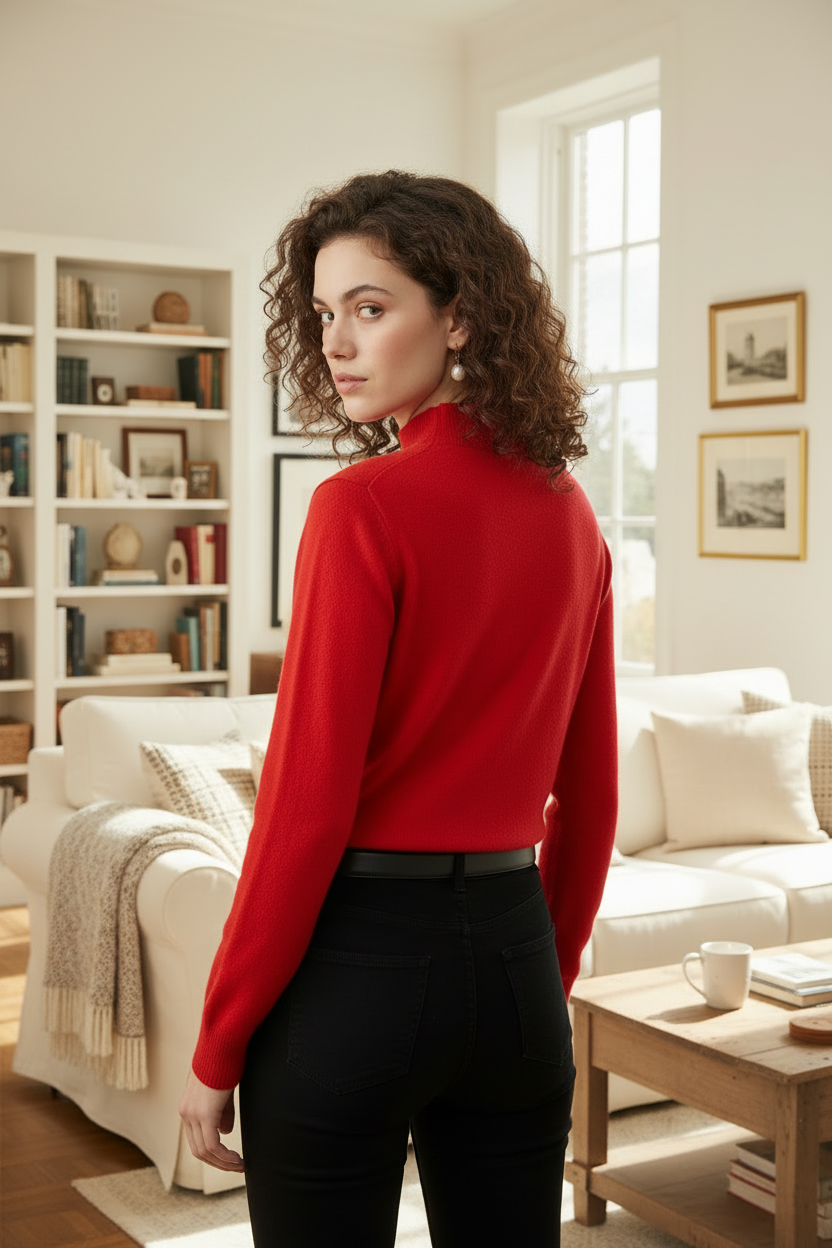 A woman with curly brown hair stands in a bright living room wearing a bright red mock-neck knit sweater, black pants, and a black belt.