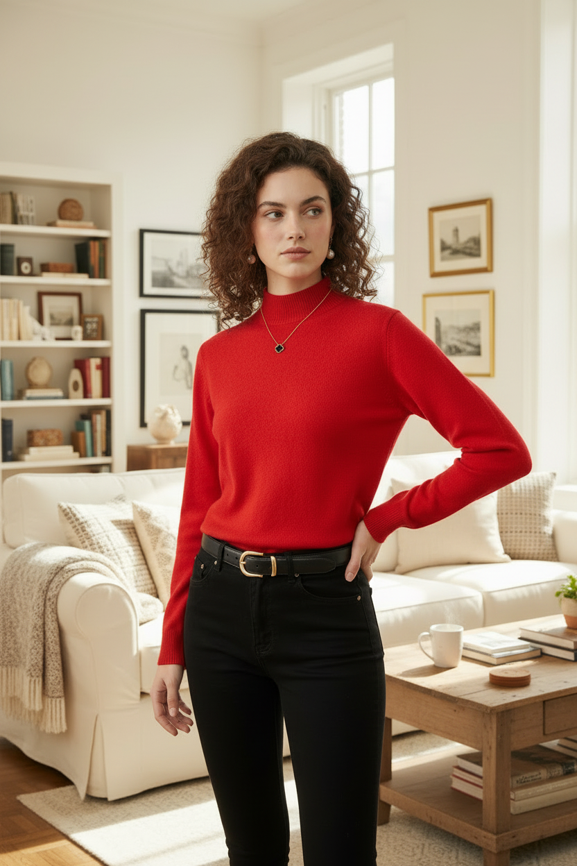 A woman with curly brown hair stands in a bright living room wearing a bright red mock-neck knit sweater, black pants, and a black belt.