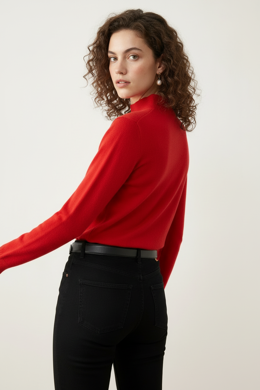 A woman with curly brown hair wearing a bright red mock-neck knit sweater, black jeans, and a black leather belt with a gold buckle, standing against a plain off-white background.
