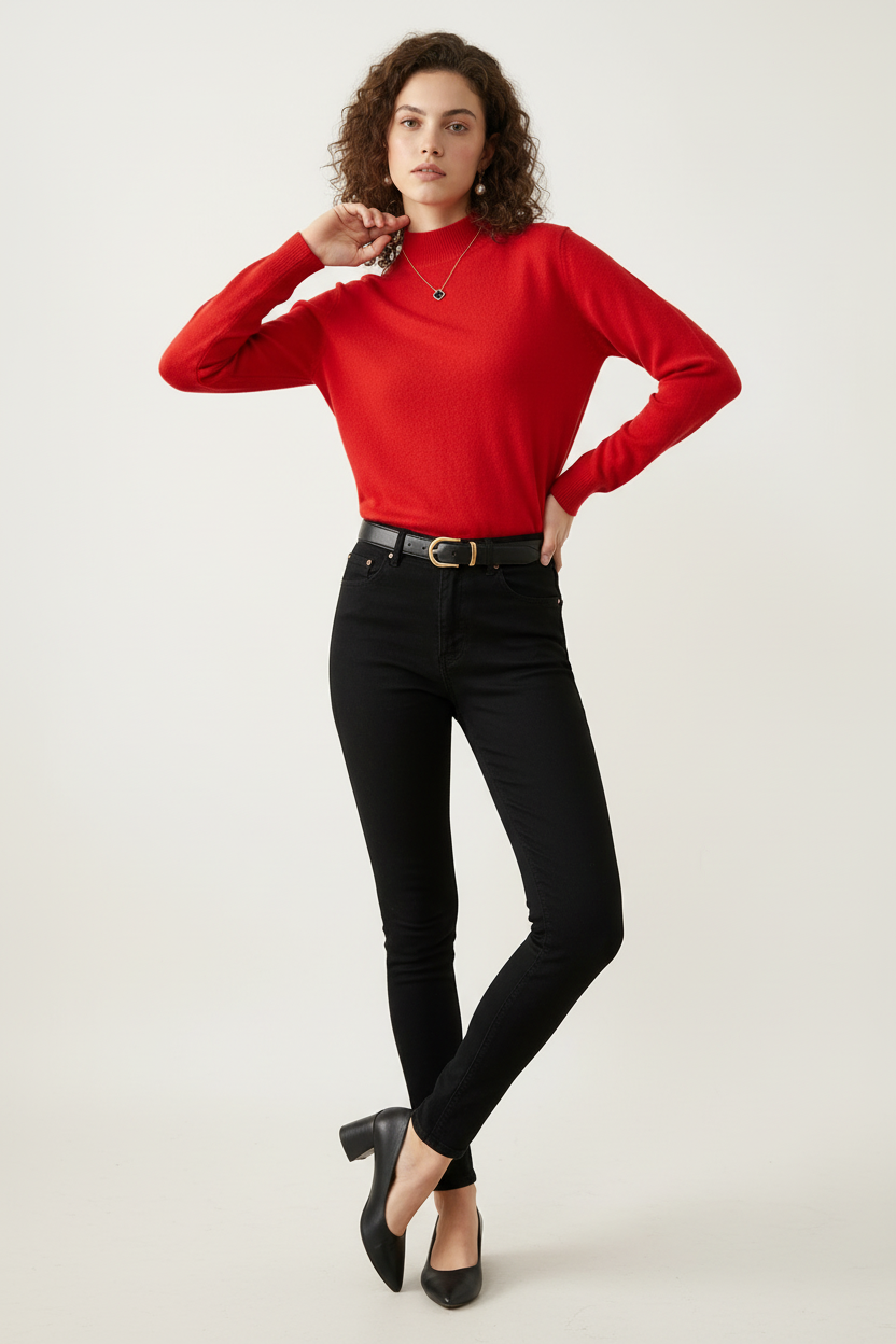 A woman with curly brown hair wearing a bright red mock-neck knit sweater, black jeans, and a black leather belt with a gold buckle, standing against a plain off-white background.