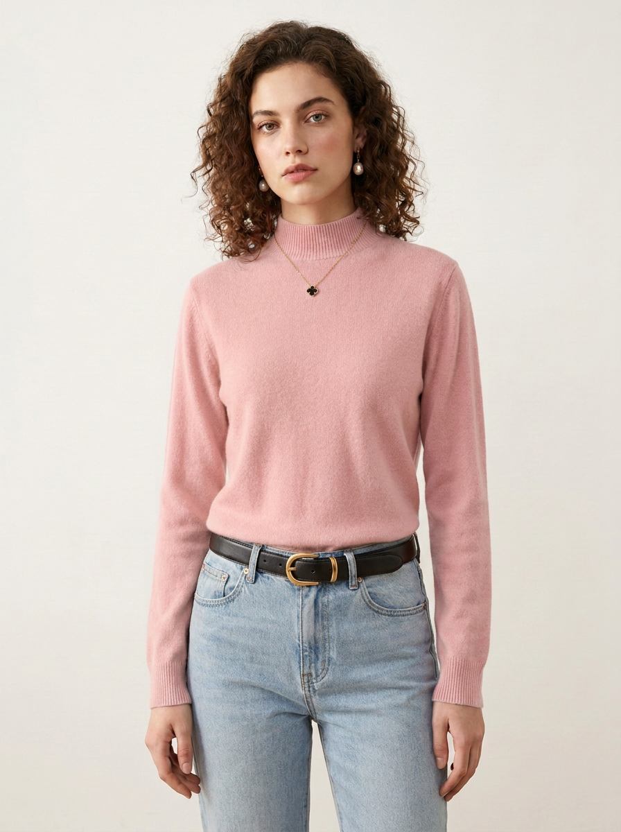 A woman with curly brown hair wearing a dusty pink mock neck knit sweater, light wash blue jeans, and a black leather belt with a gold buckle, standing against a plain off-white background.