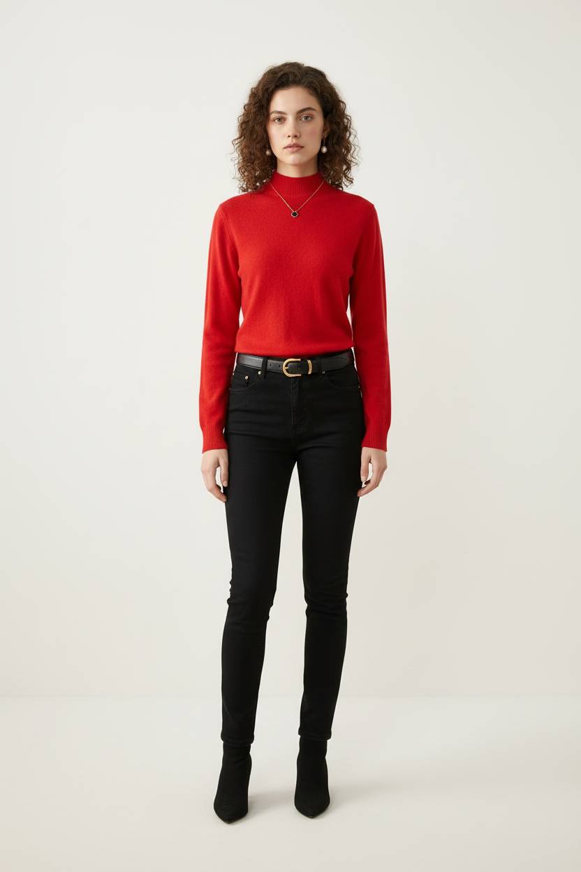 A woman with curly brown hair wearing a bright red mock-neck knit sweater, black jeans, and a black leather belt with a gold buckle, standing against a plain off-white background.