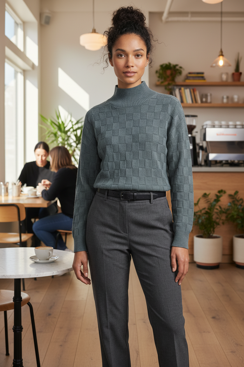 A woman modeling a slate blue-green textured mock-neck sweater paired with dark gray trousers, standing against a neutral light gray studio background.
