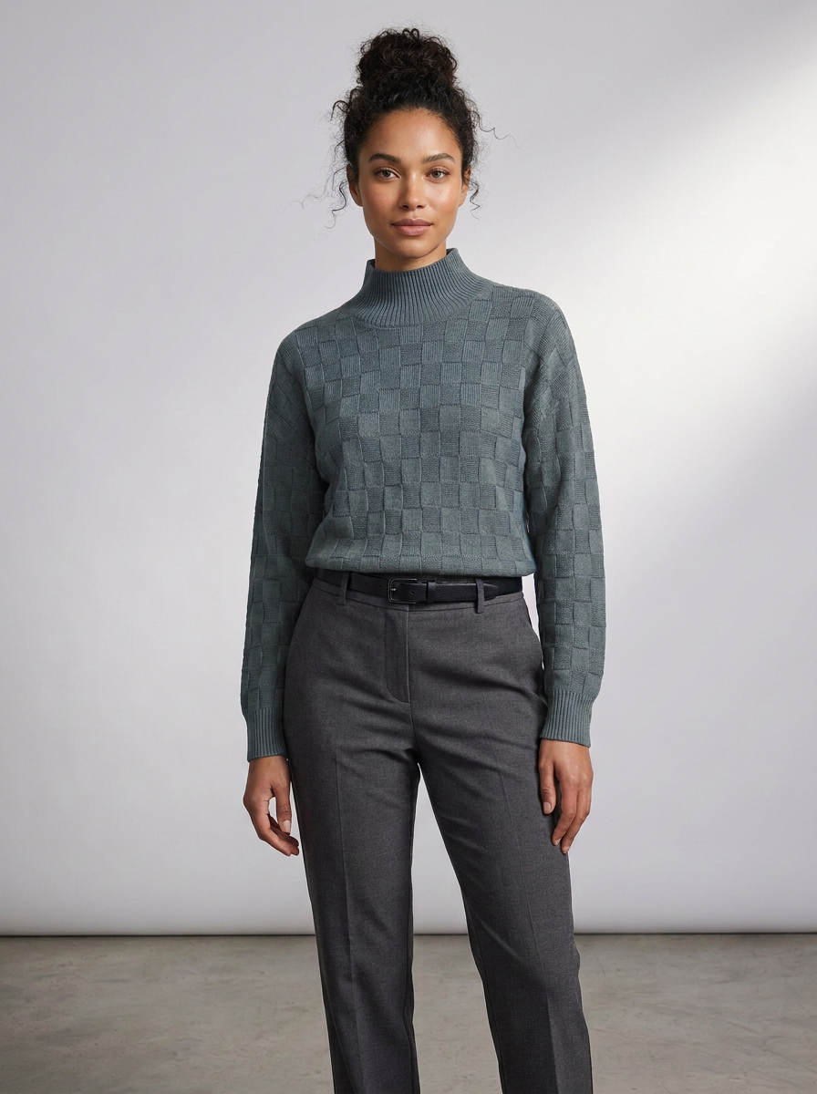 A woman modeling a slate blue-green textured mock-neck sweater paired with dark gray trousers, standing against a neutral light gray studio background.